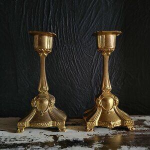 Pair of Vintage Victorian Art Nouveau Gold Tone Metal Candle Holders